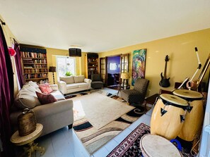 Smart TV, fireplace, books, music library