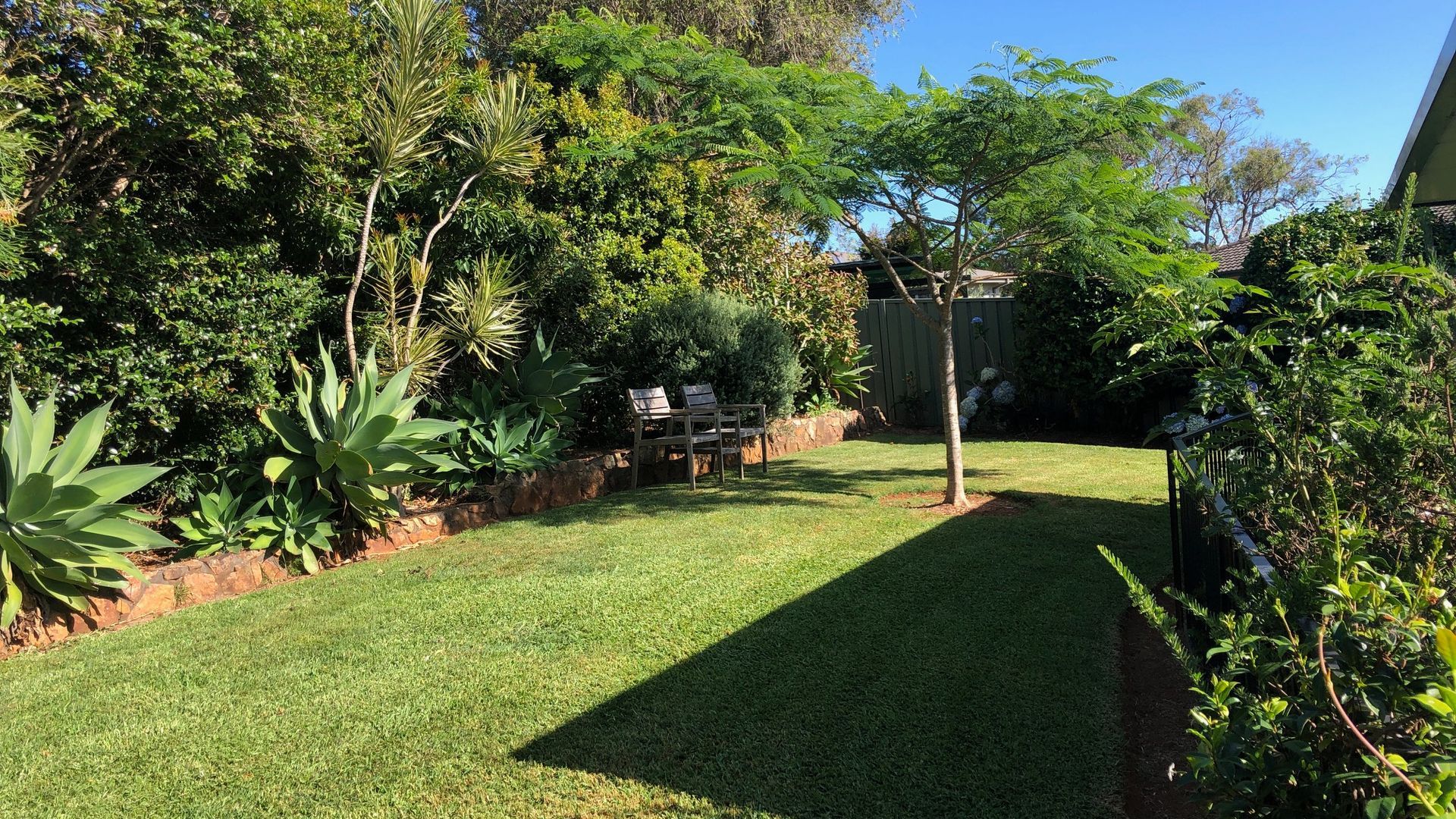 A well-maintained grassy area with a wooden bench and a variety of plants.