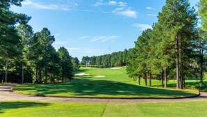 A golf course with a clear path, surrounded by tall trees and a well-maintained green. - 18810 - 10 Cruzado Lane (Hot Springs Village)
