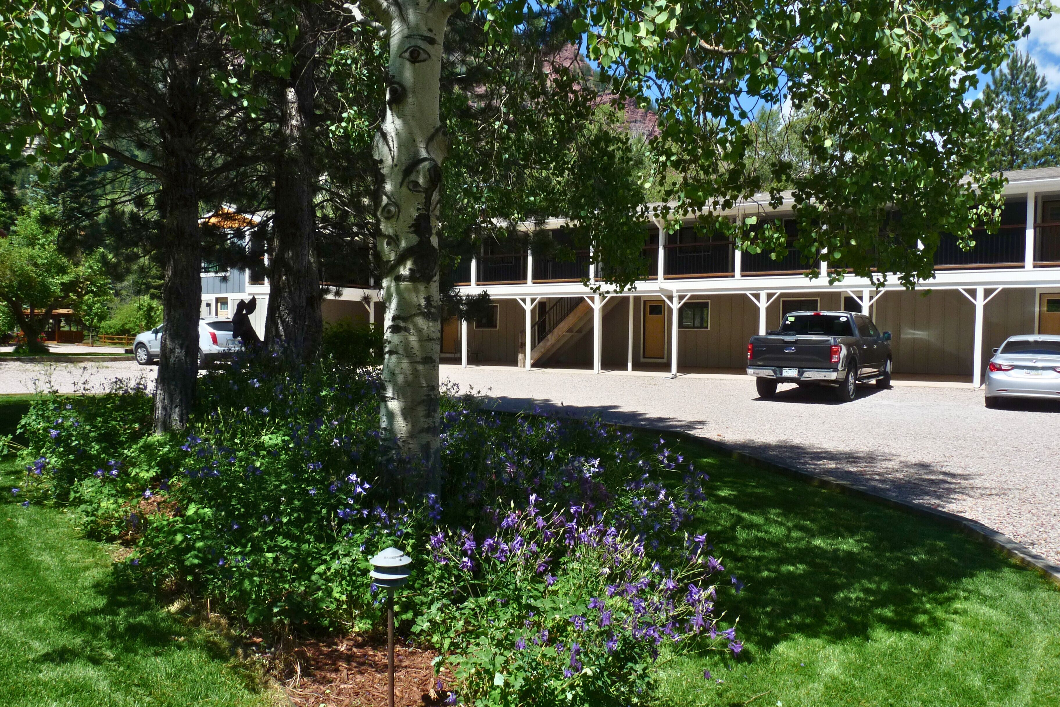 A building with a covered parking area and a garden with purple flowers.