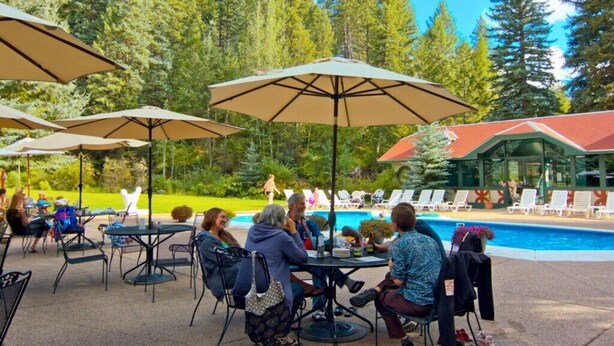 Un espace piscine extérieur avec des chaises longues et des parasols, entouré d’arbres.