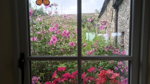 A window with a view of pink flowers and a butterfly. - Restored Historic Cottage in County Kilkenny (Carrickshock)