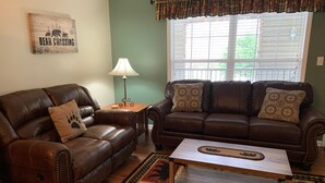 A living room with two brown leather sofas, a wooden coffee table, and a patterned rug.