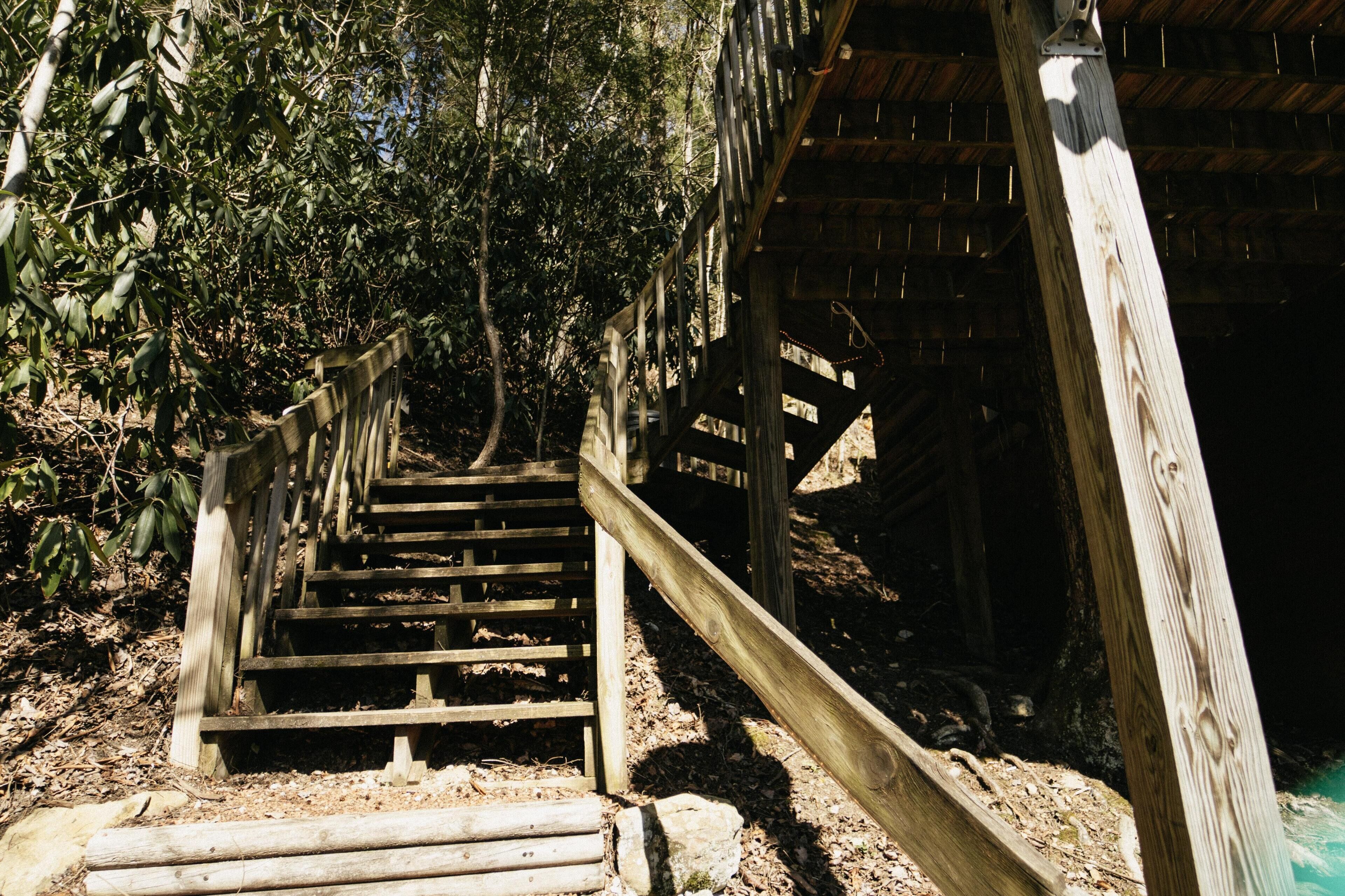 Una escalera de madera que conduce a una estructura cubierta de madera, rodeada de árboles.