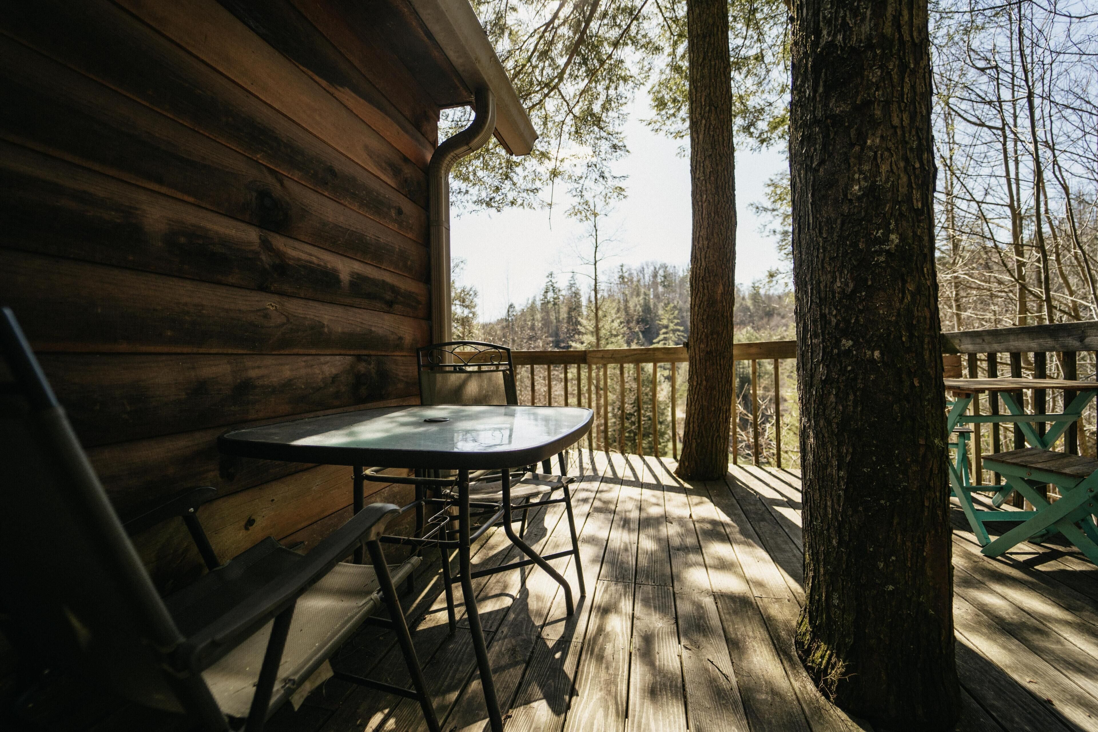 A wooden deck with a table and chairs, surrounded by trees.