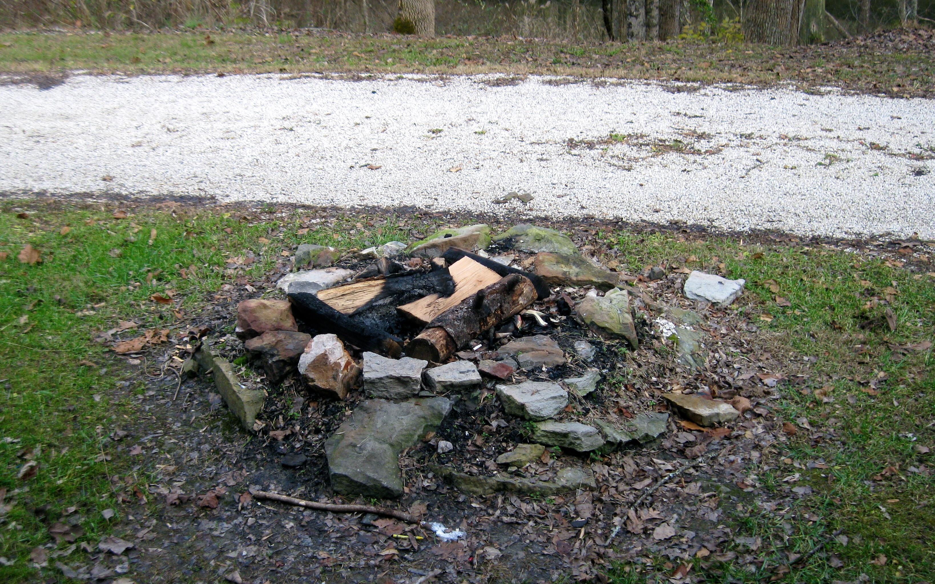 Una fogata rodeada de rocas y troncos en un área con césped, con un sendero de grava al fondo.