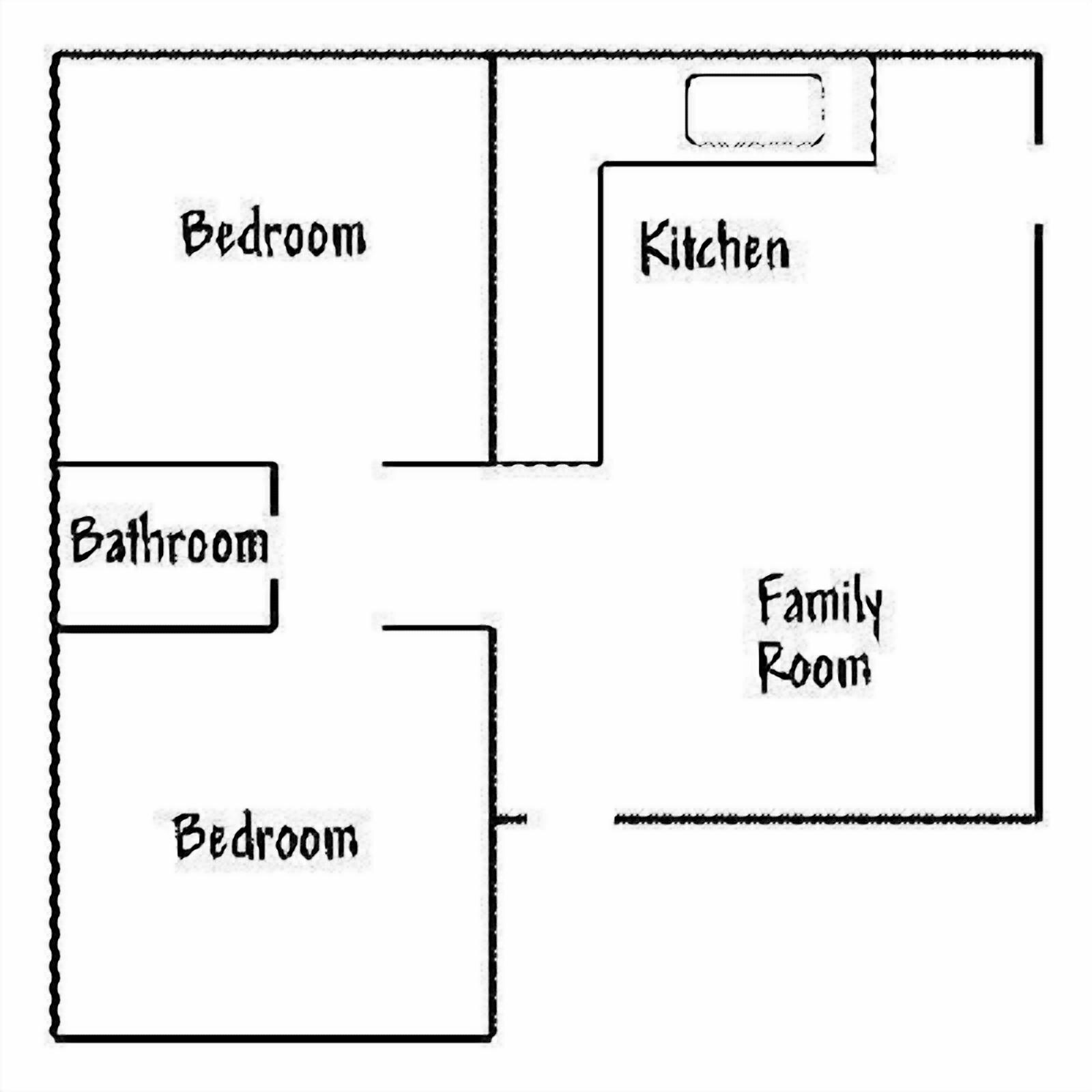 A floor plan with two bedrooms, a bathroom, a kitchen, and a family room.