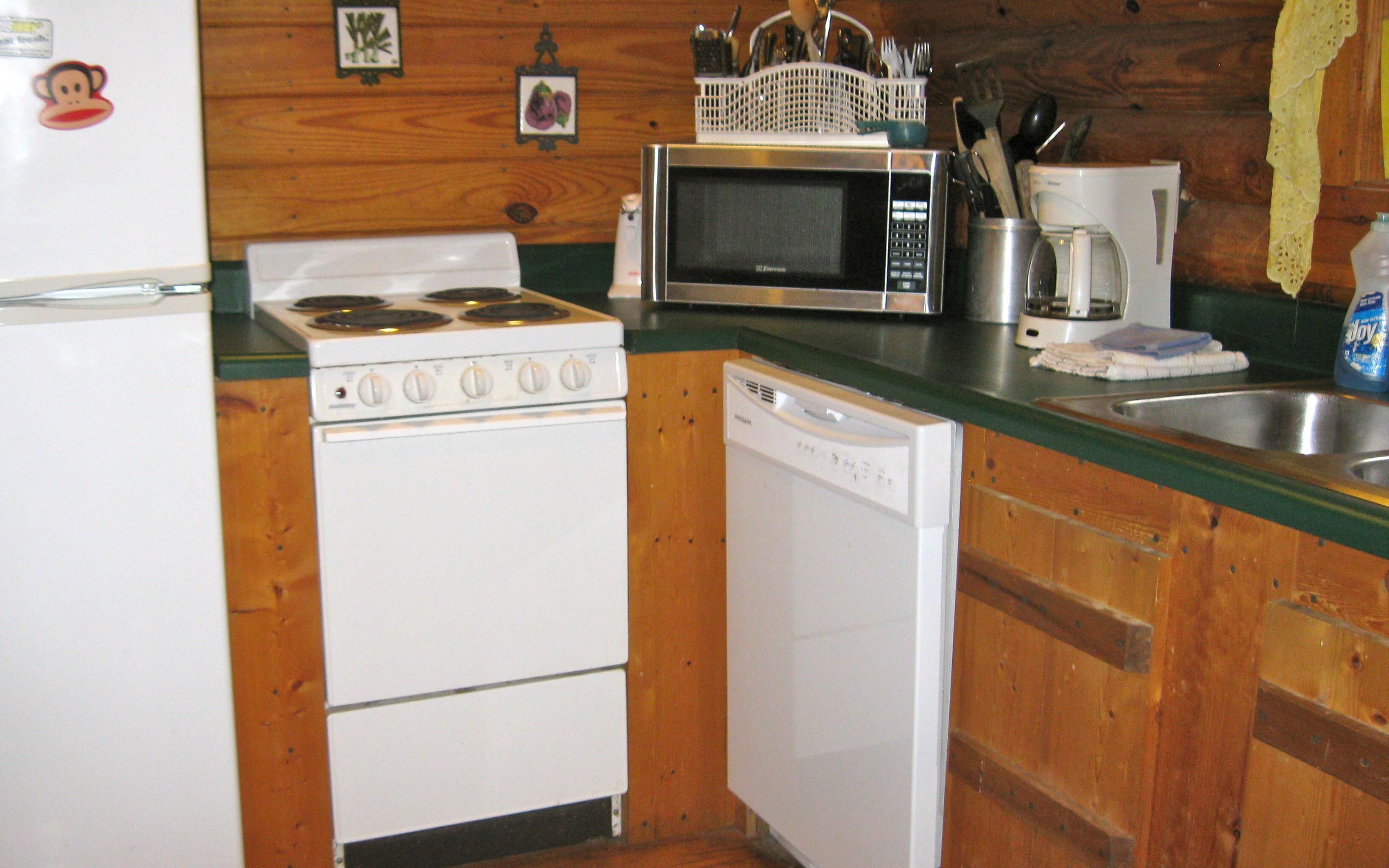 A compact kitchen with a stove, microwave, dishwasher, and a refrigerator.