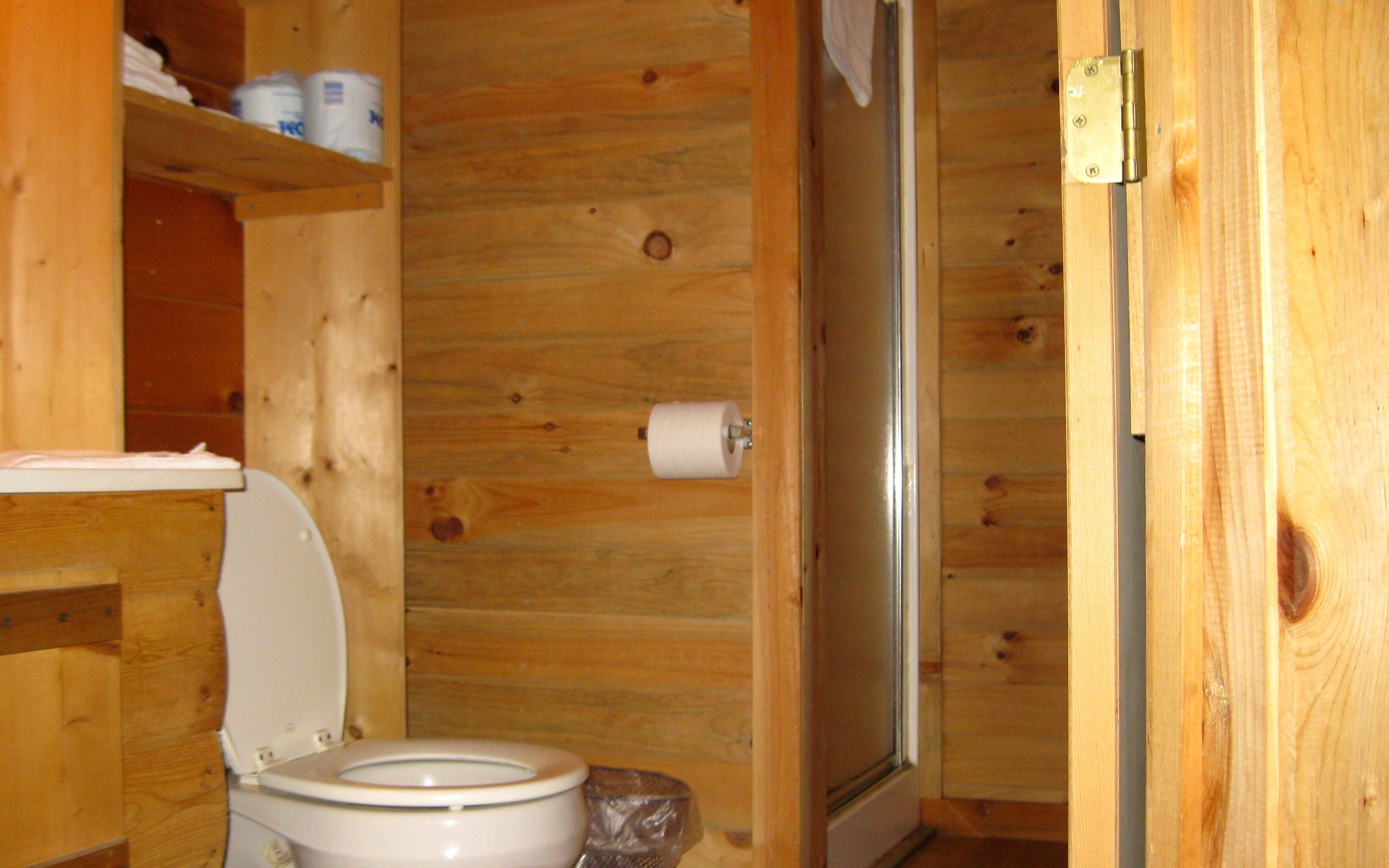 A wooden cabin bathroom with a toilet, a shelf with toilet paper, and a shower door.