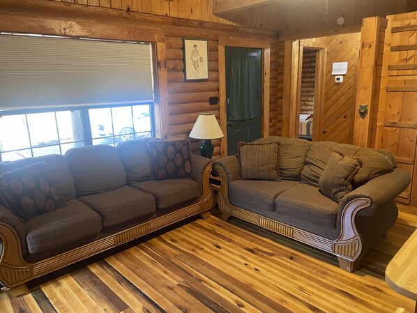 A log cabin interior with two sofas, a lamp, and a framed picture on the wall.