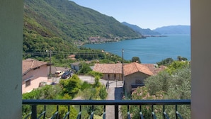 Un balcón con vistas a un lago, rodeado de casas y vegetación.