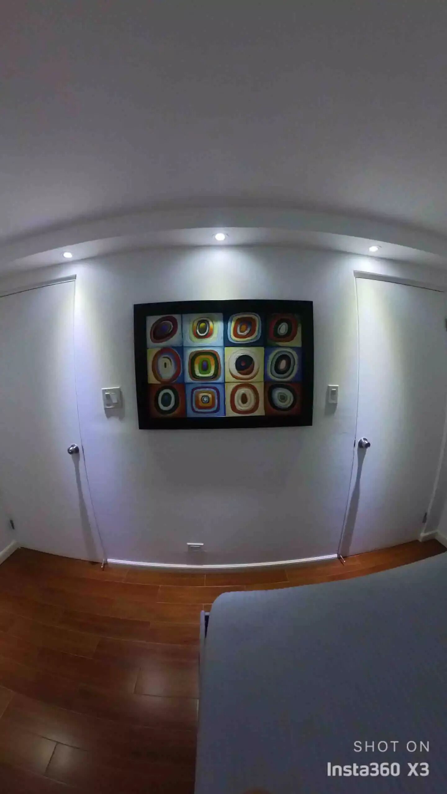 Ein Zimmer mit Wandkunst in konzentrischen Kreisen, eingelassenen Deckenleuchten und Holzboden.