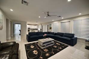 Smart TV, fireplace, foosball