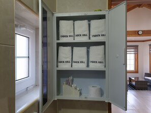 Shower, free toiletries, hair dryer, towels