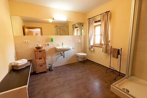 Un bagno con lavandino, WC e zona doccia.