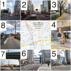A collage of urban street scenes with various buildings, roads, and a map highlighting a specific location. - Hostel 758 Nagoya 4P (Nagoya)