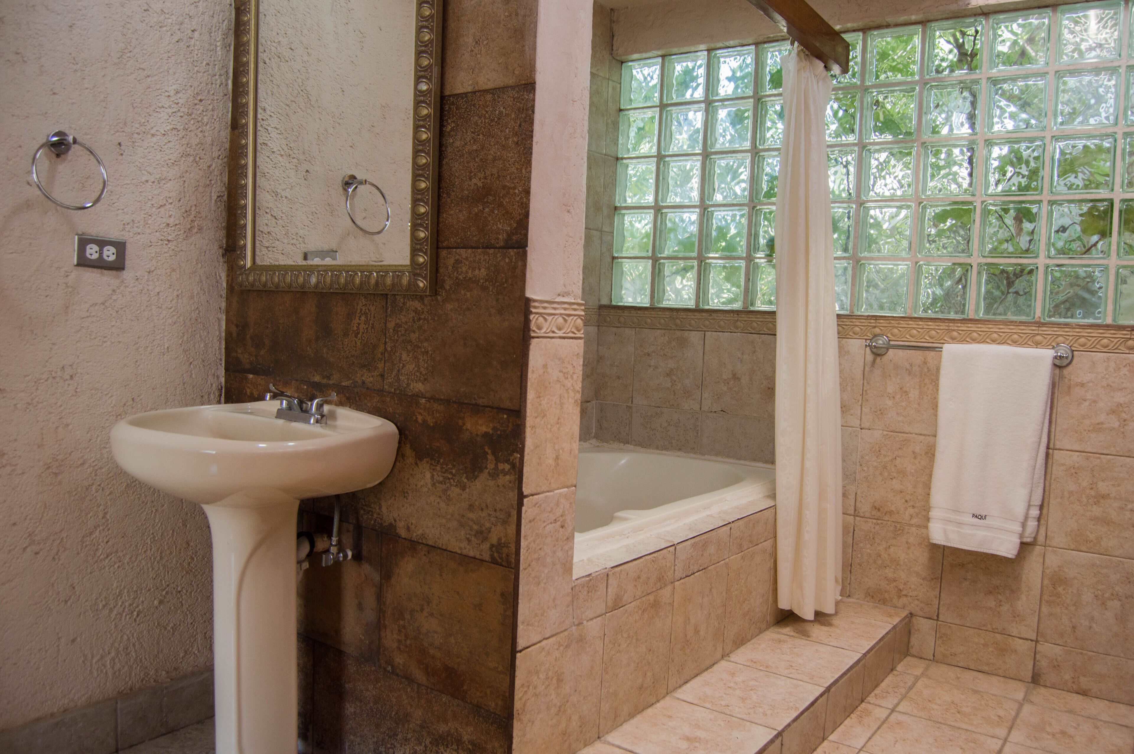 Combined shower/bathtub, jetted bath, towels, soap