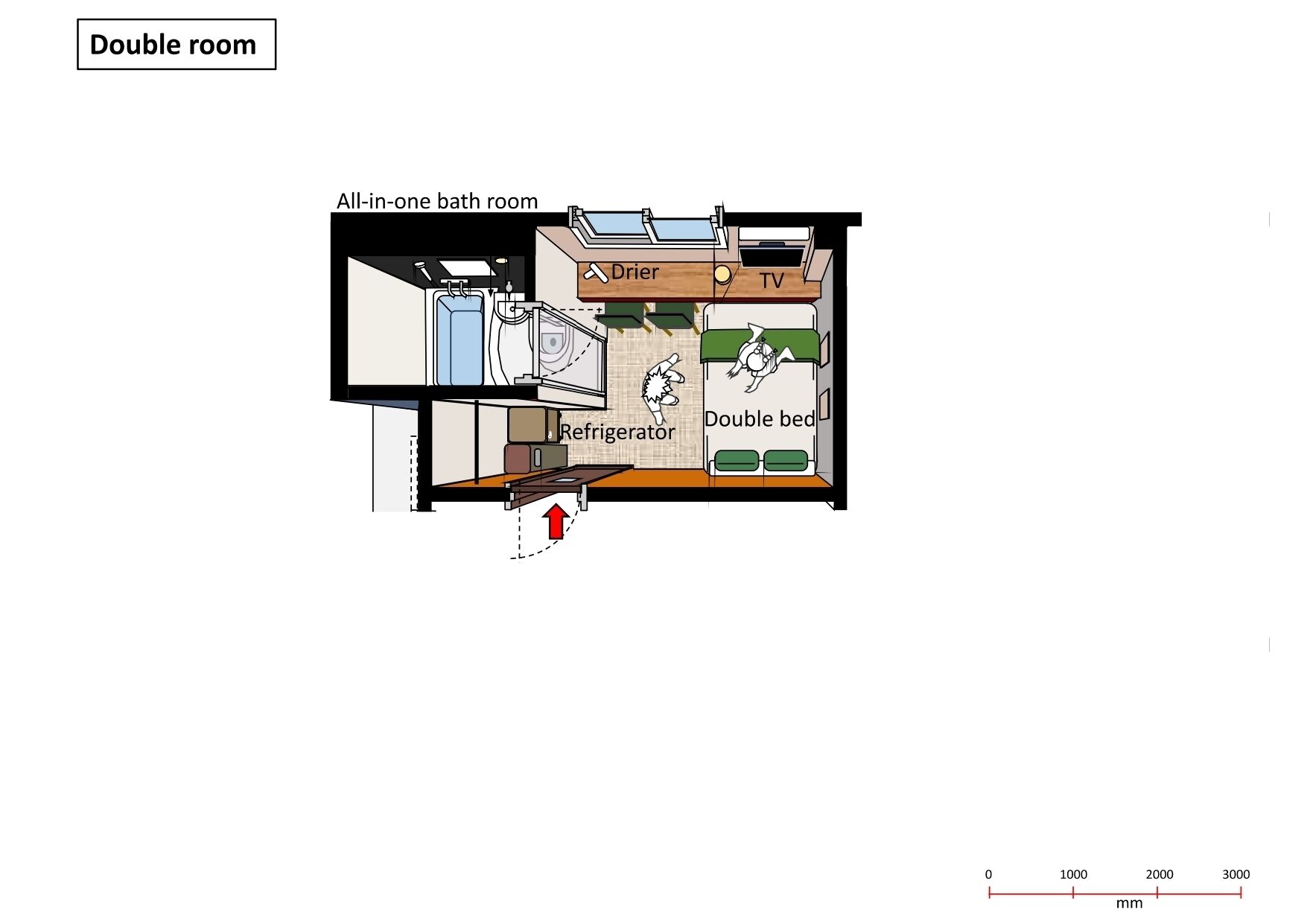A double room layout with an all-in-one bathroom, a double bed, a refrigerator, a TV, and a dryer.