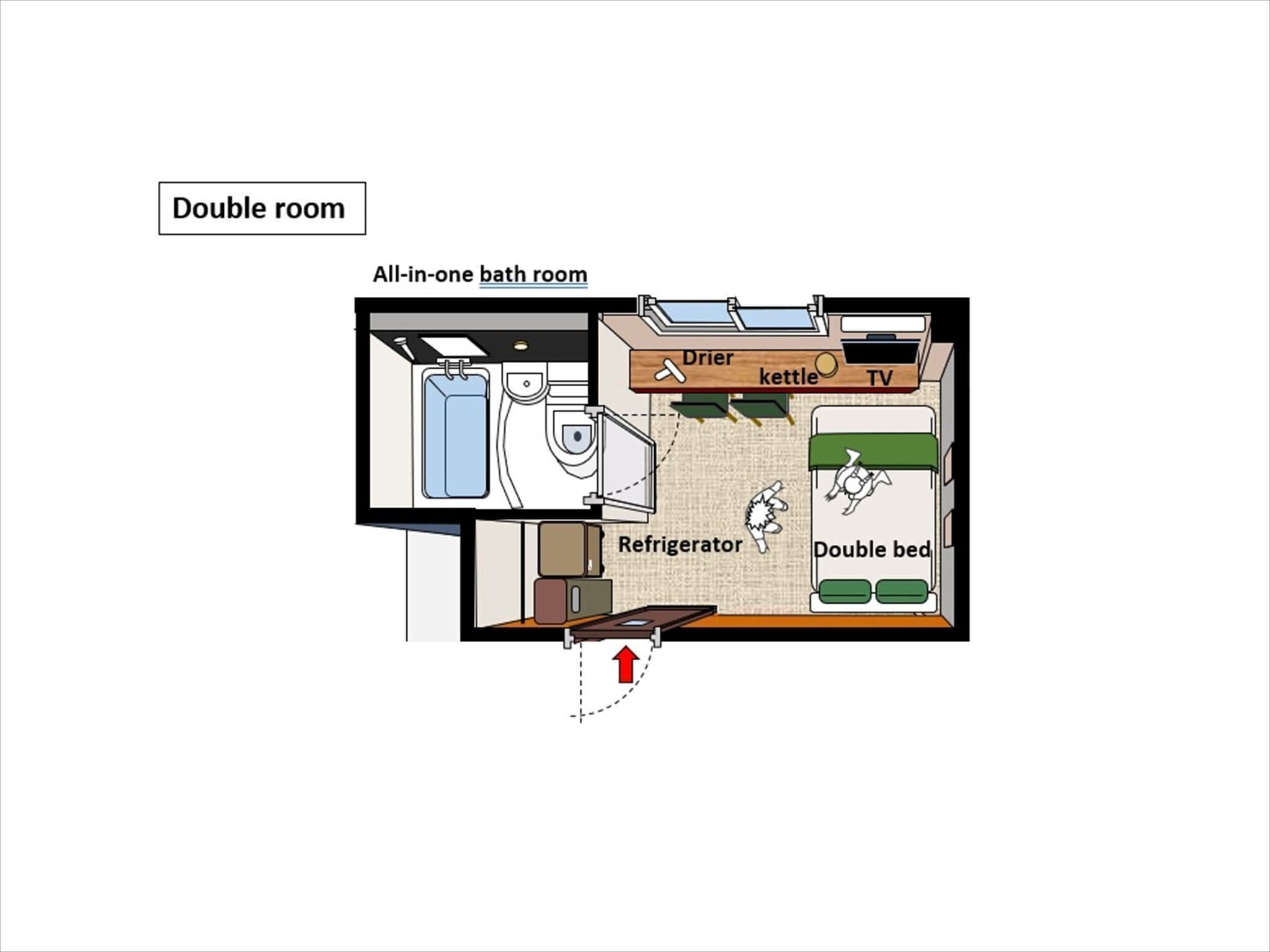 A double room layout with an all-in-one bathroom, a double bed, a refrigerator, a kettle, and a TV.