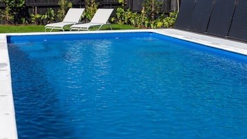 Seasonal outdoor pool, open 7:00 AM to 8:00 PM, sun loungers