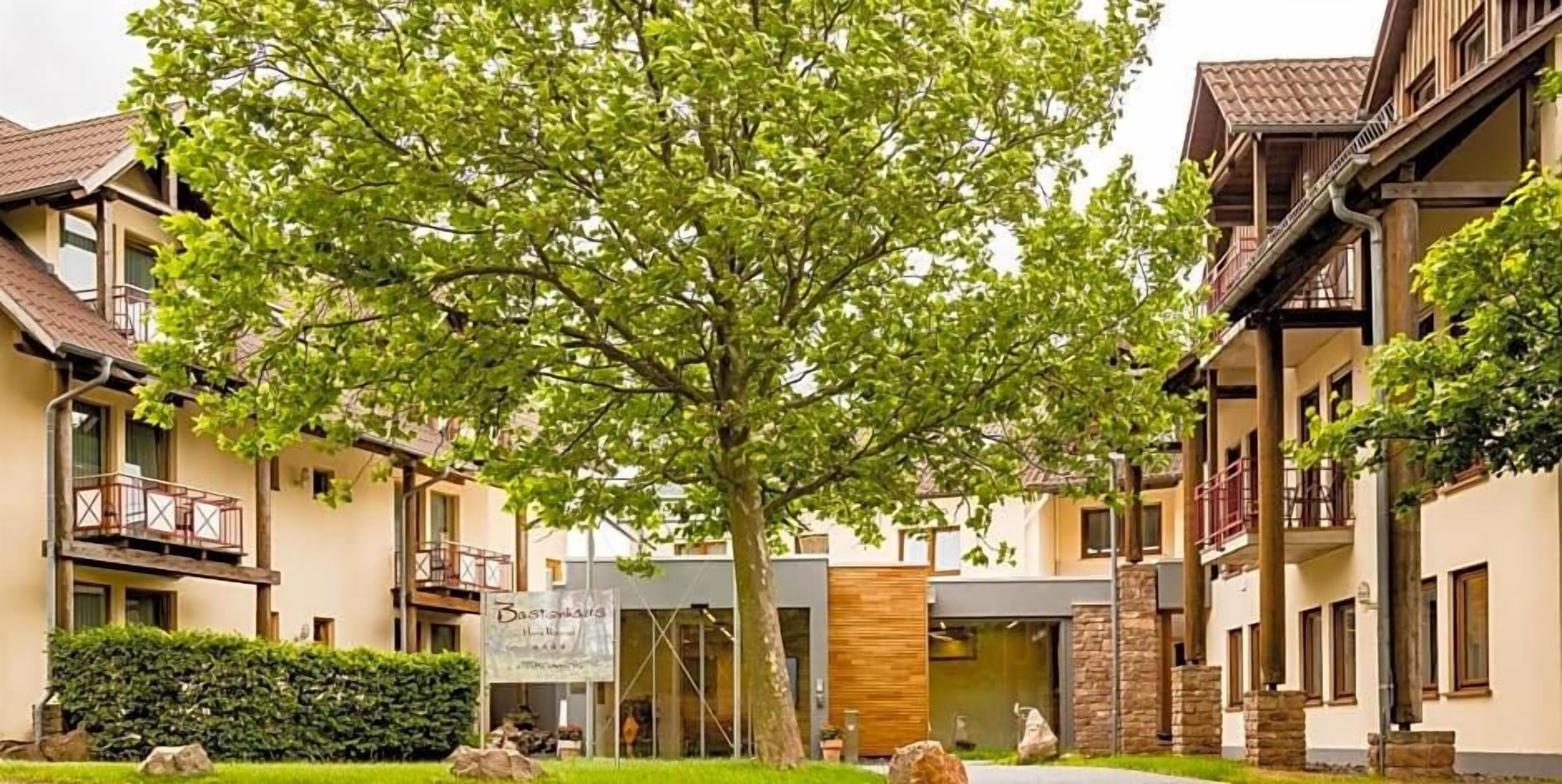 Ein Innenhof mit einem großen Baum, einem Schild und Gebäuden mit Balkonen.