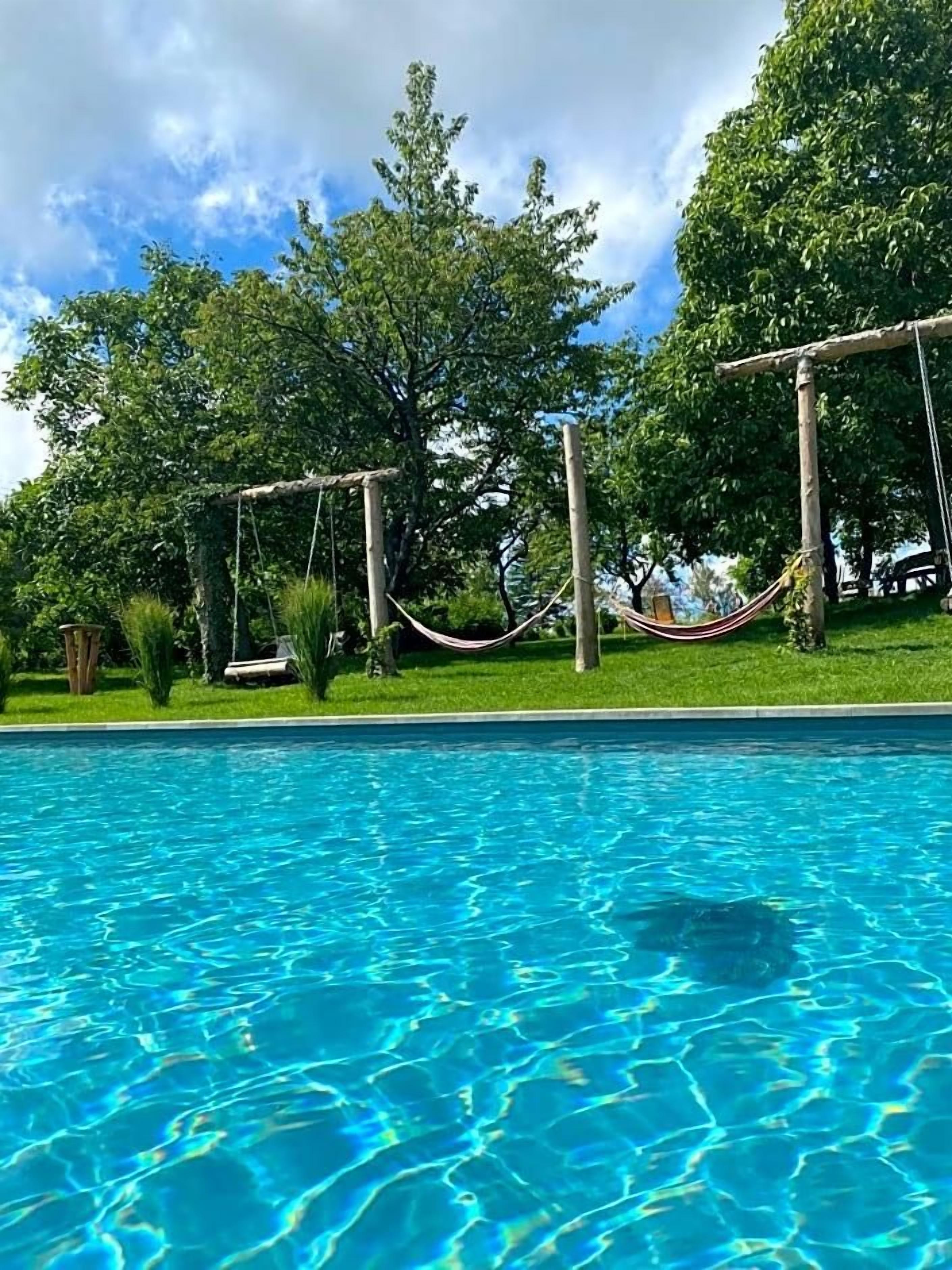 Ein klares Schwimmbecken mit einer Hängematte und Bäumen im Hintergrund.