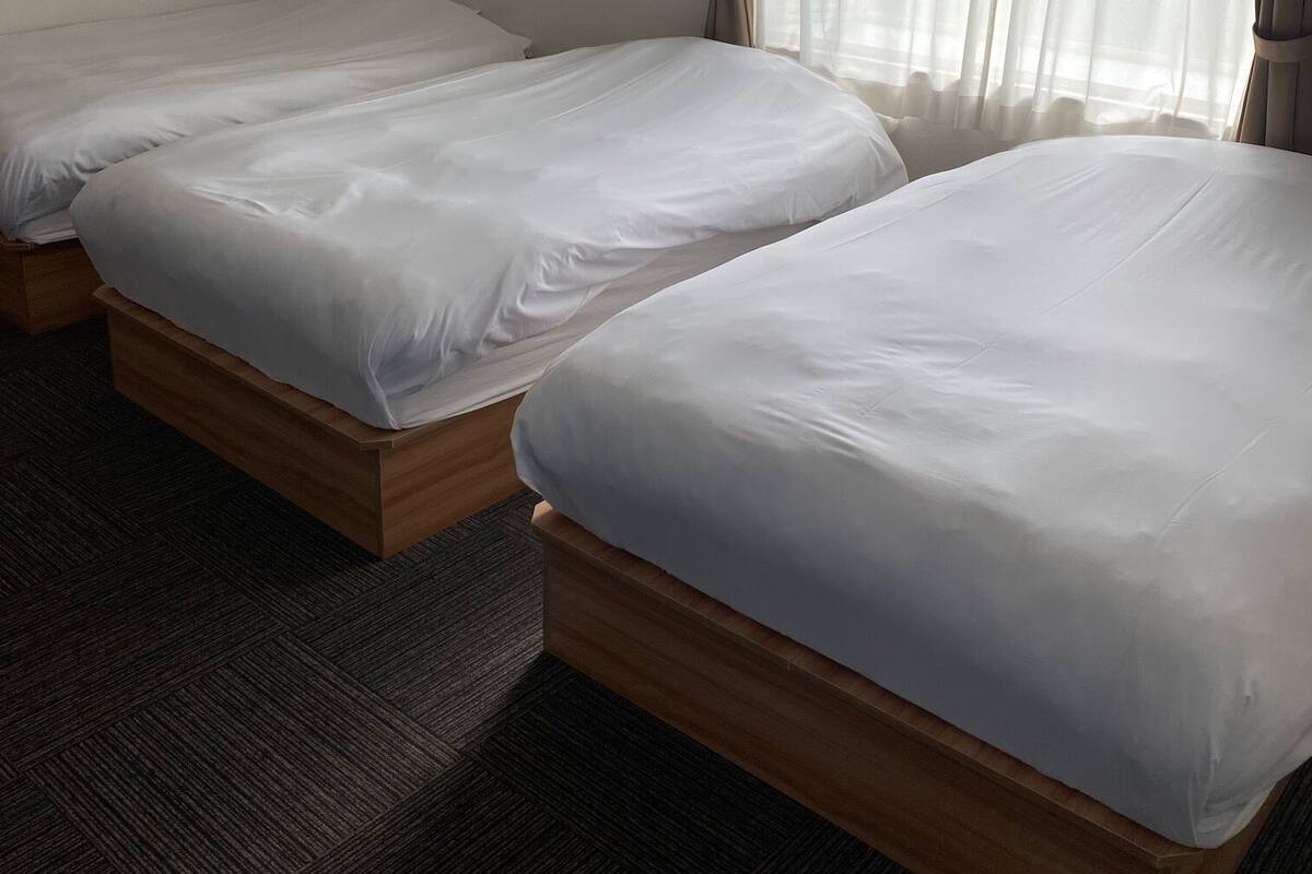 Habitación de hotel con dos camas individuales, piso alfombrado y una ventana con cortinas translúcidas.