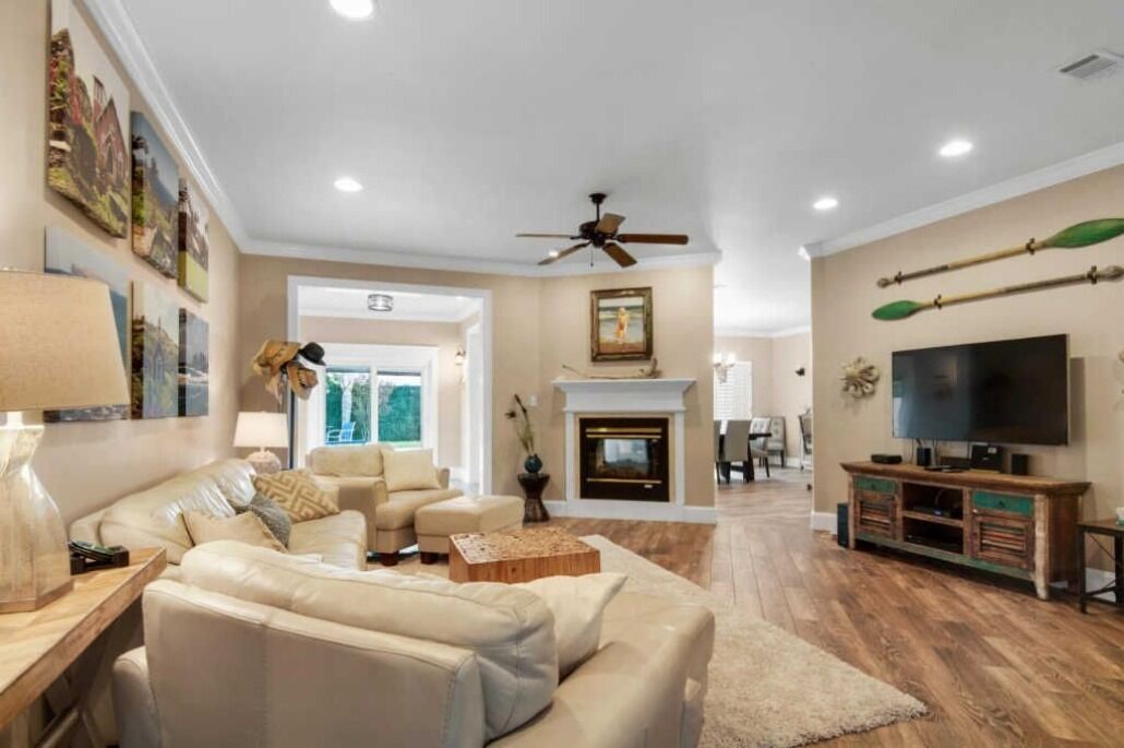 Smart TV, fireplace, DVD player, foosball