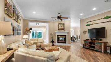 Smart TV, fireplace, DVD player, foosball
