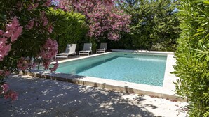 A rectangular swimming pool with a tiled edge, surrounded by a stone deck. There are three lounge chairs aligned along the poolside. - Beautiful private villa for 8 guests with WIFI, private pool, TV, patio and pets allowed (Maussane-les-alpilles)