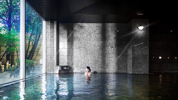 A person in a clear indoor pool with a view of trees through large windows.