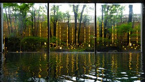 A tranquil indoor pool with reflections of trees and lights.