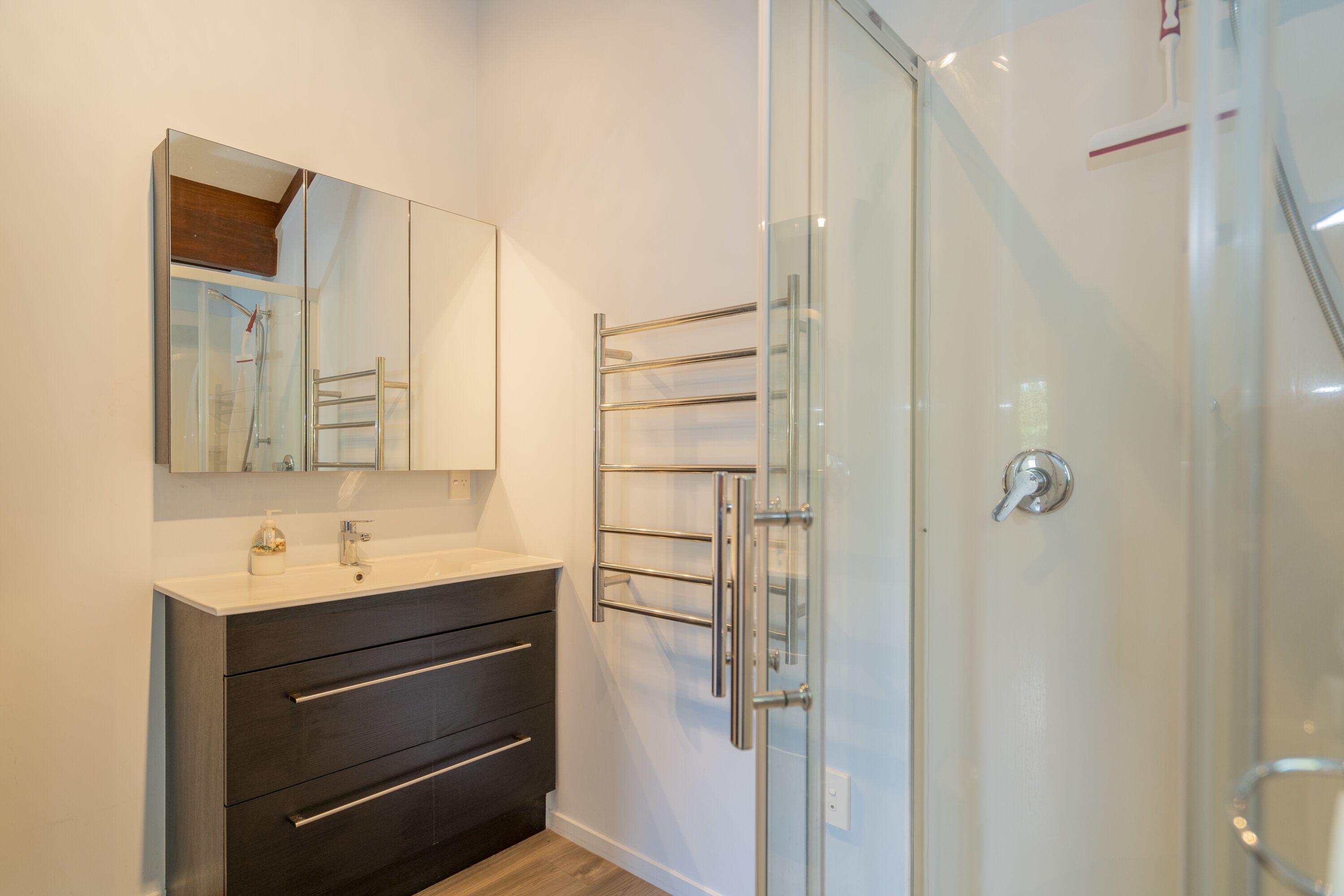 Une salle de bain moderne avec une douche à l’italienne en verre, un meuble-lavabo de couleur foncée doté de tiroirs et un miroir au-dessus du meuble-lavabo.