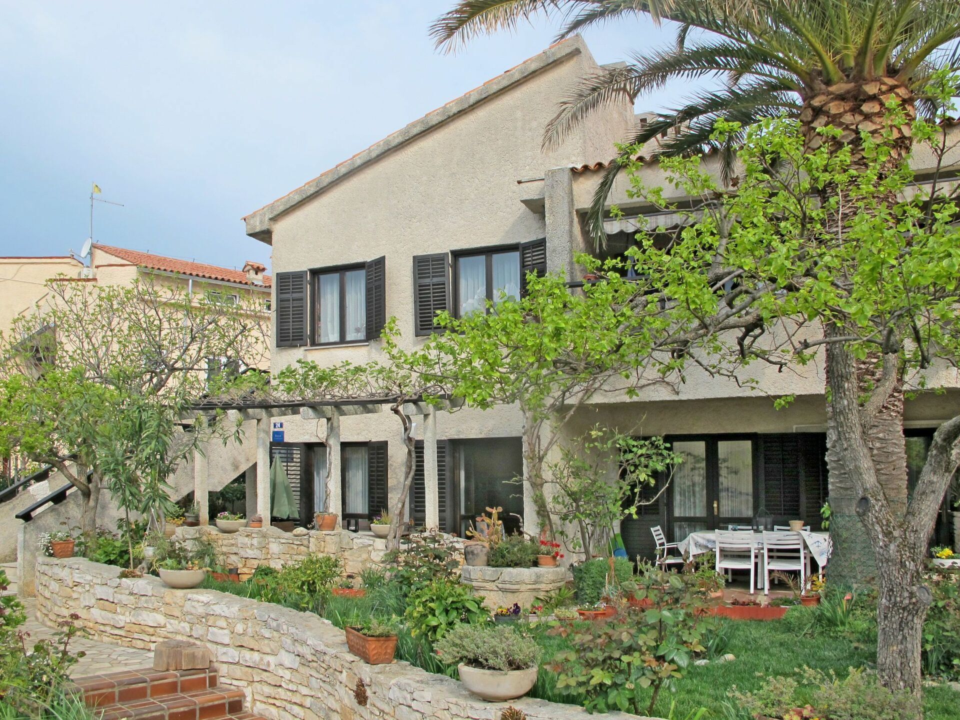 A two-story house with a stone staircase leading to the entrance, surrounded by a variety of potted plants and a palm tree.