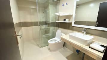 A modern bathroom with a glass shower enclosure, a white toilet, and a sink with a mirror above it.