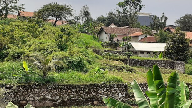 A lush green landscape with a stone wall, banana plants, and houses in the background. - Nabila Syar'i Guesthouse (Ngamprah)