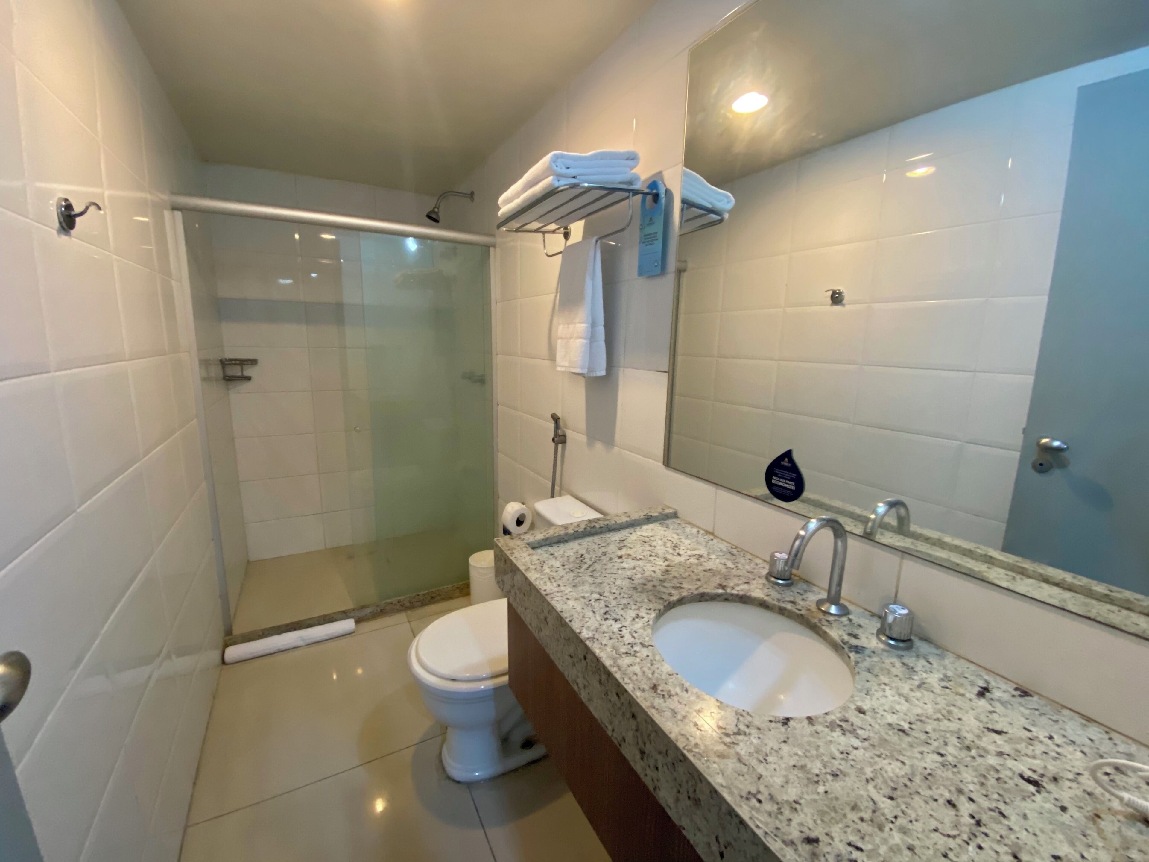 A bathroom with a glass-enclosed shower, a sink, a toilet, and a mirror.