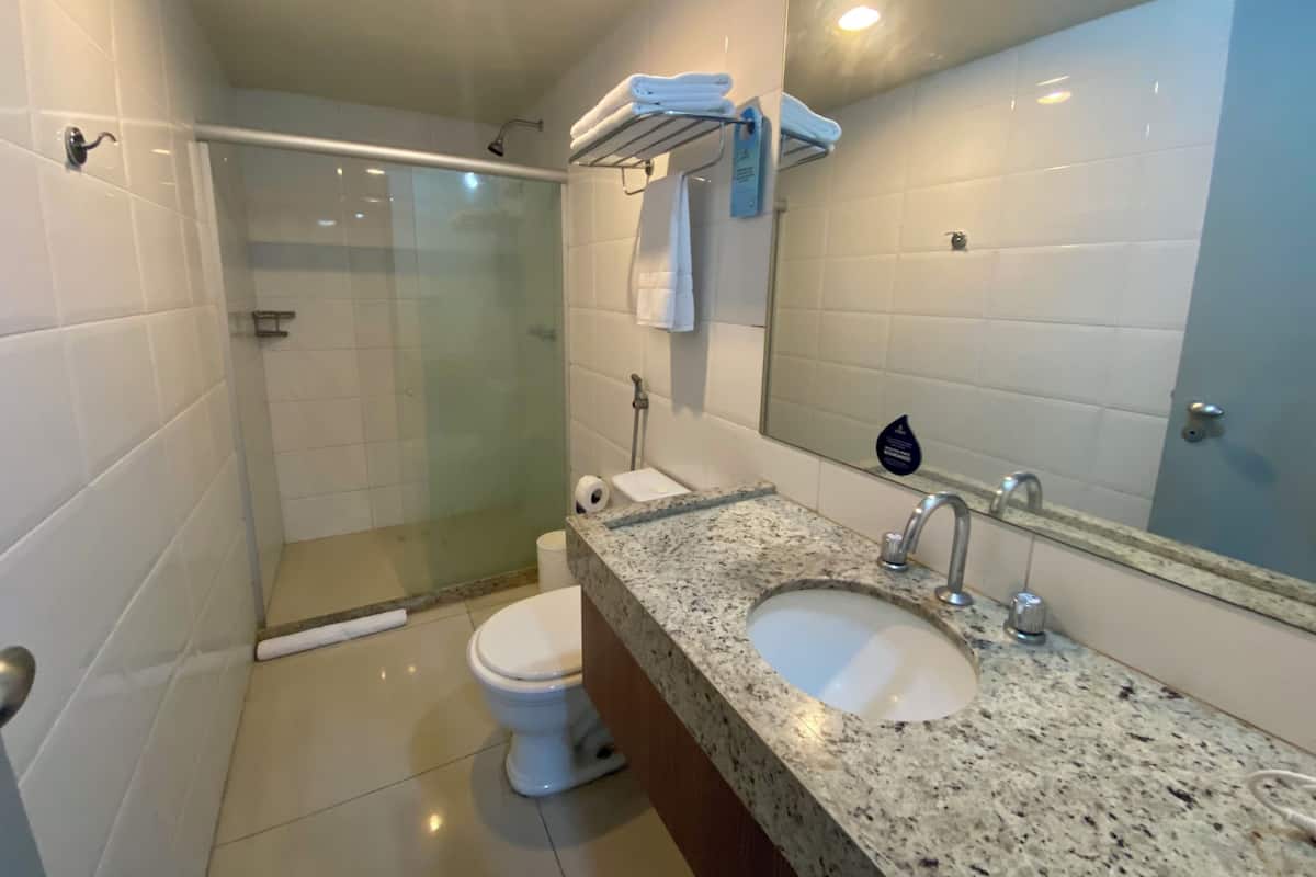 A bathroom with a glass-enclosed shower, a sink, a toilet, and a mirror.
