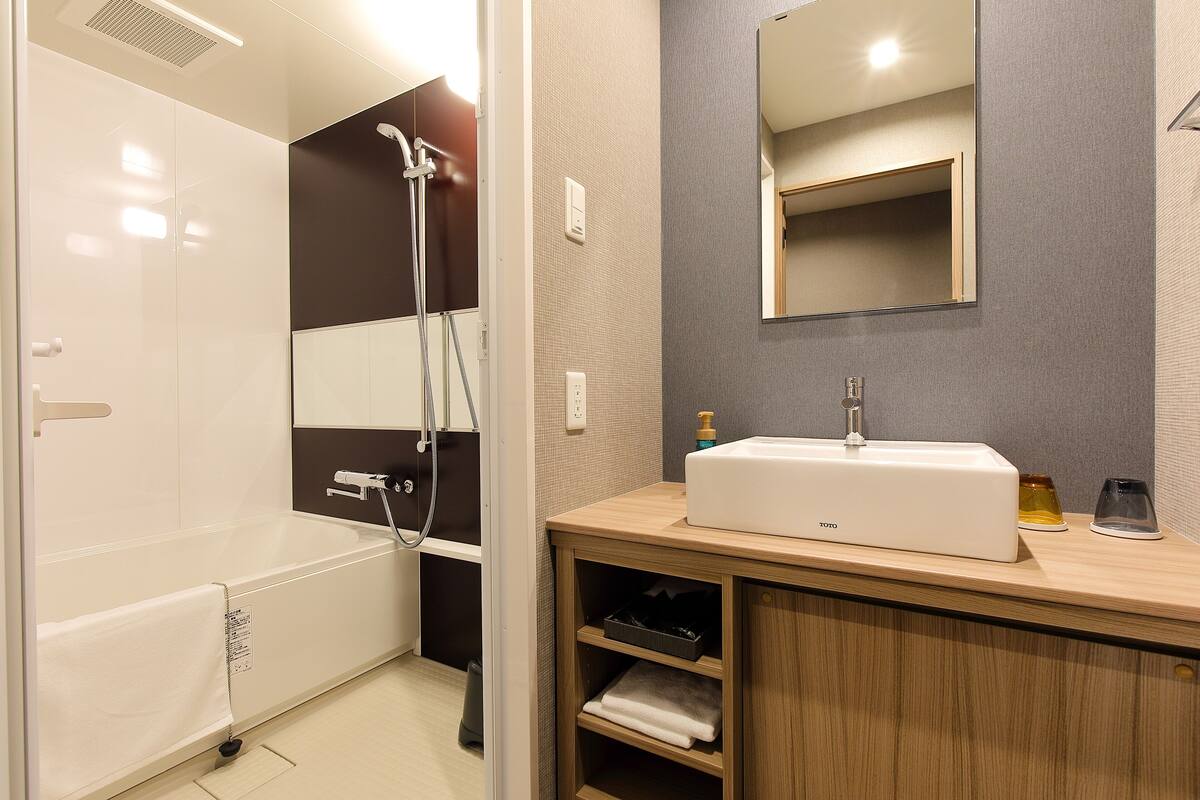 combined shower/bathtub, free toiletries, hair dryer, slippers