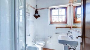 A bathroom with a glass shower enclosure, a toilet, a sink, and a window with a curtain. - Trebbiano-Panoramic apartment with swimming pool and vineyard (Reggello)