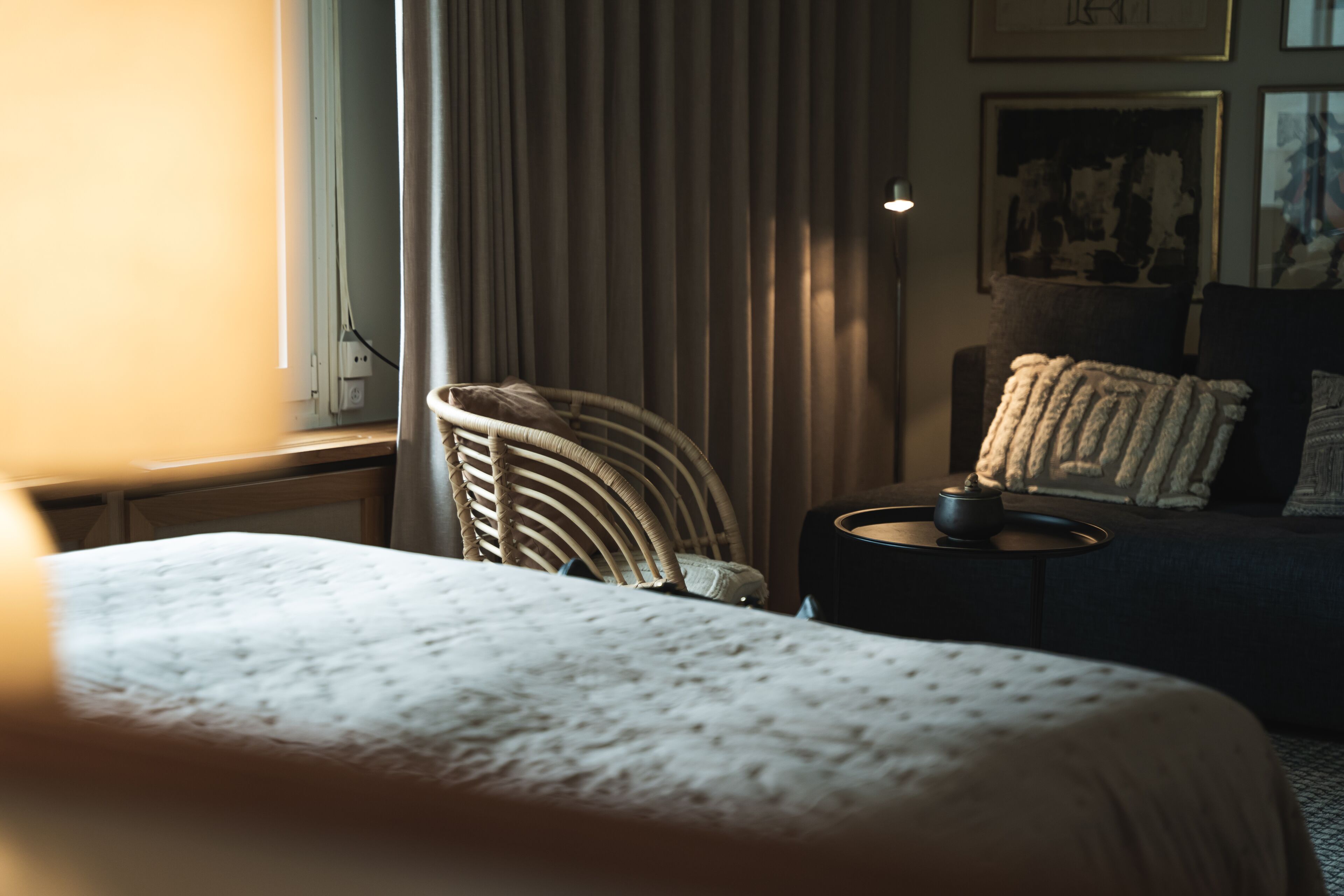 desk, laptop workspace, blackout curtains, free wifi