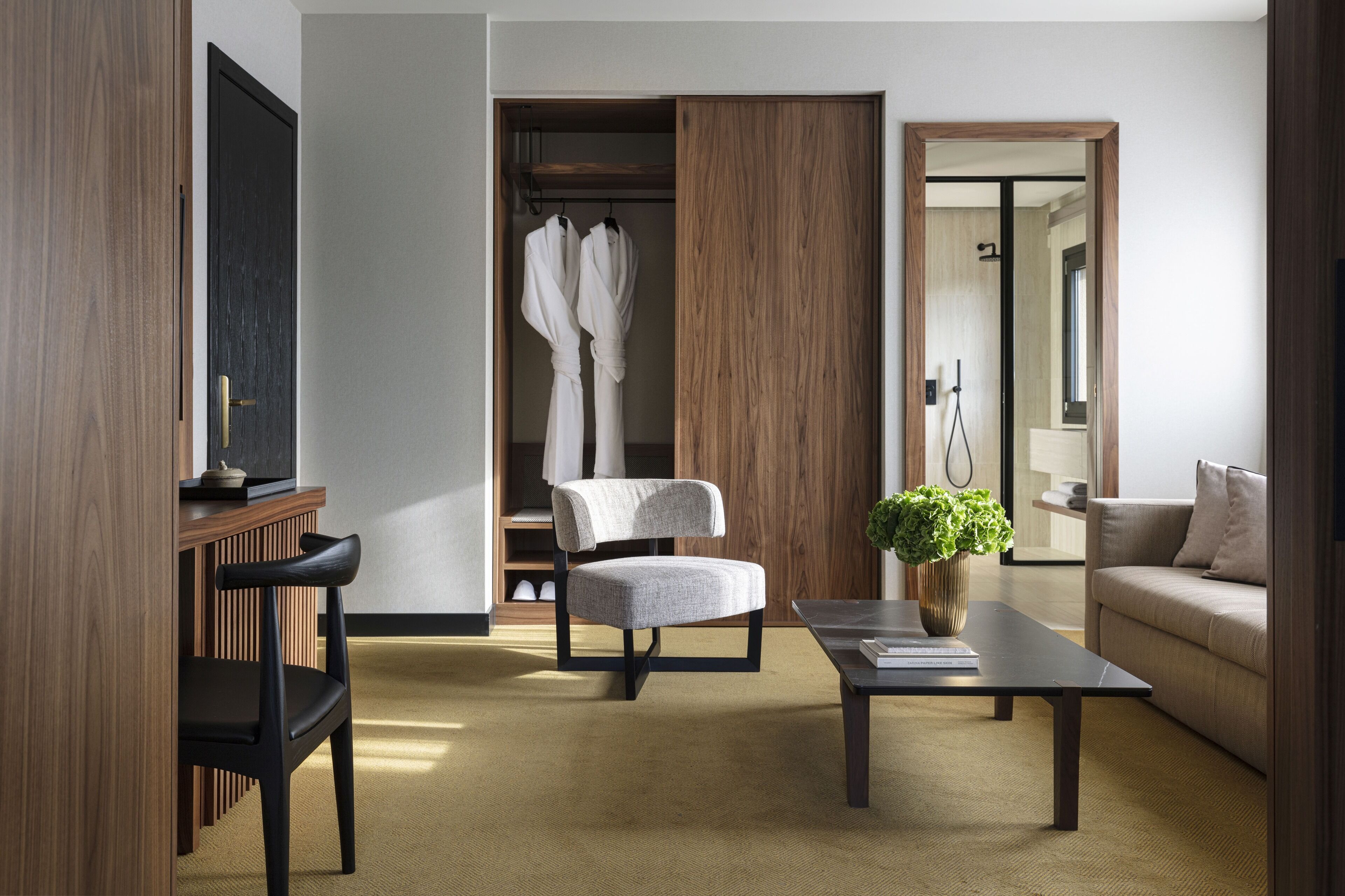 A modern living room with a sofa, a coffee table, a chair, a TV, and a wardrobe.