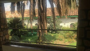 Habitación con vista a un patio que incluye un banco verde, palmeras y un edificio con techo de tejas.