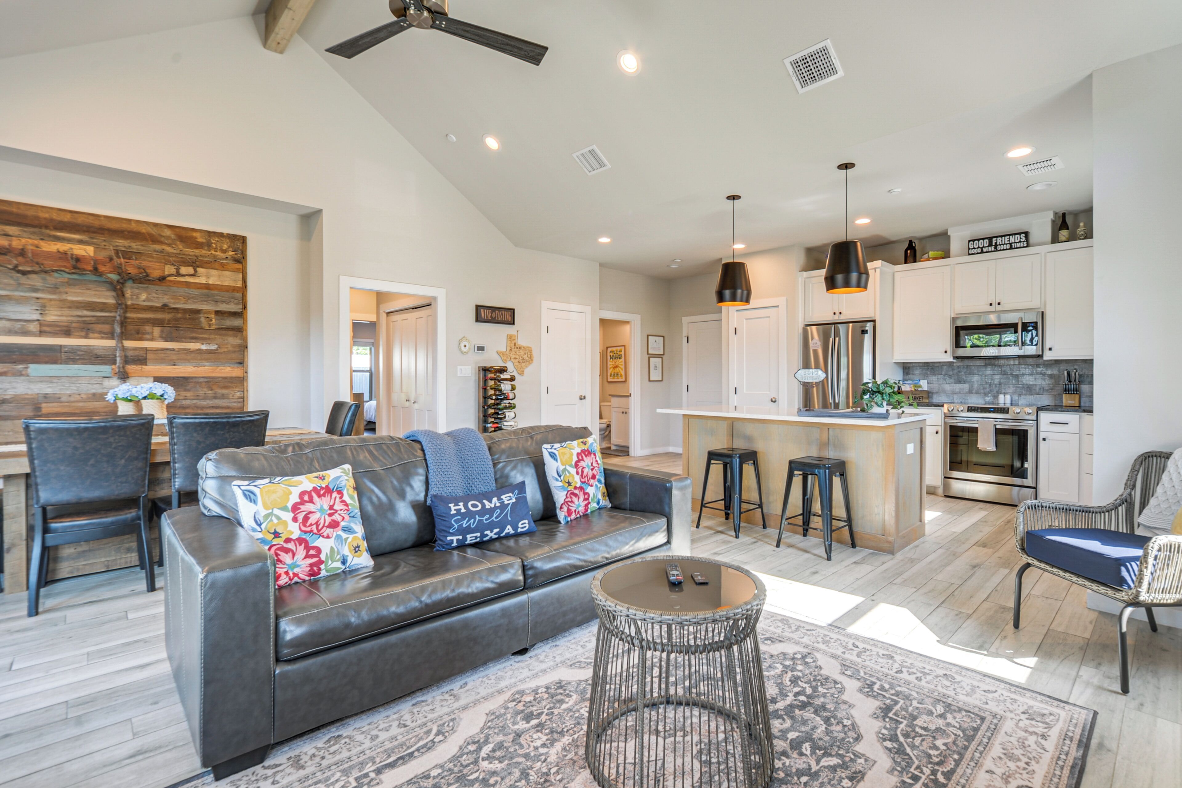TV, fireplace, books, music library