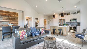 TV, fireplace, books, music library