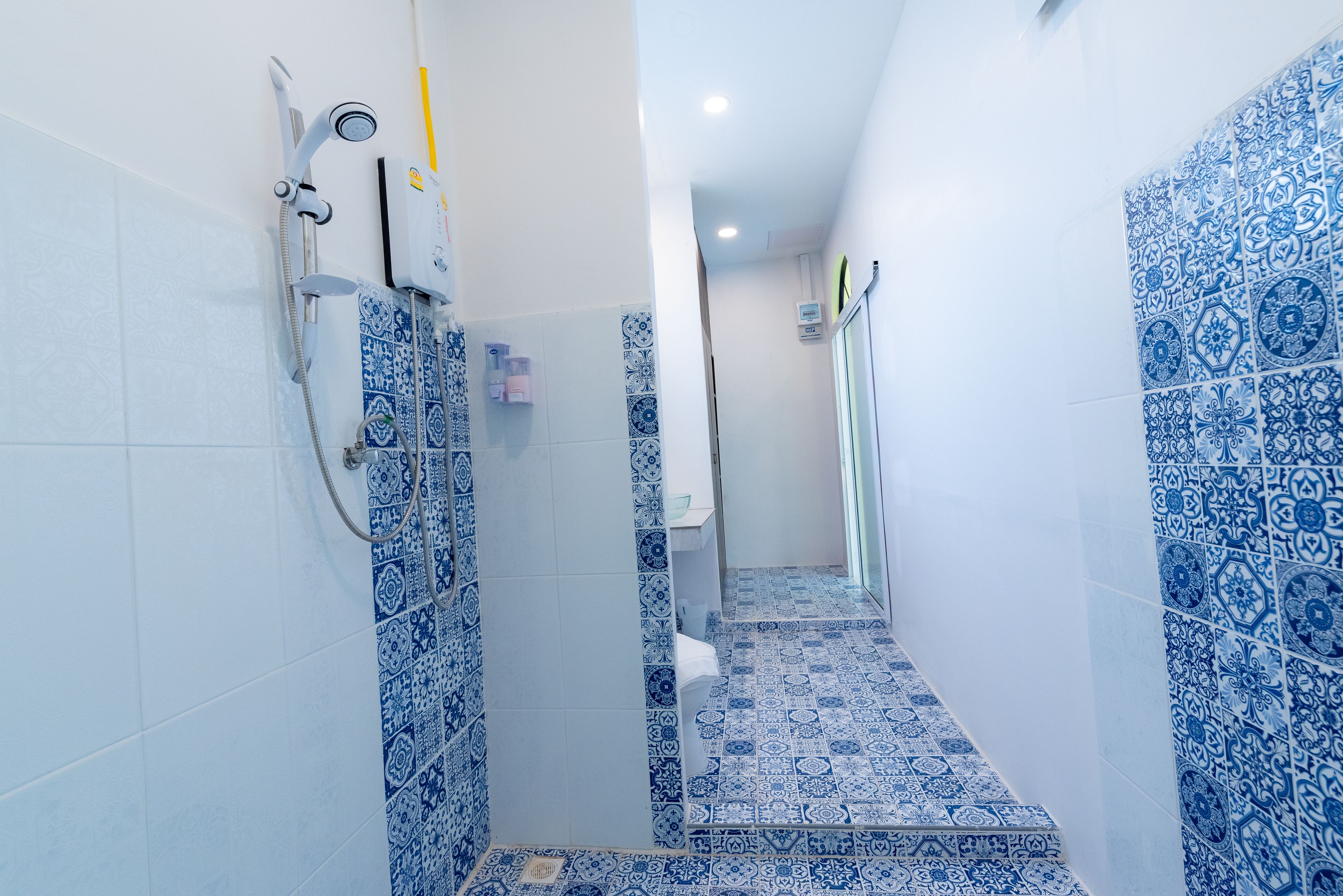 A narrow hallway with blue patterned tiles, a shower area with a handheld showerhead, and a glass door leading to another room.