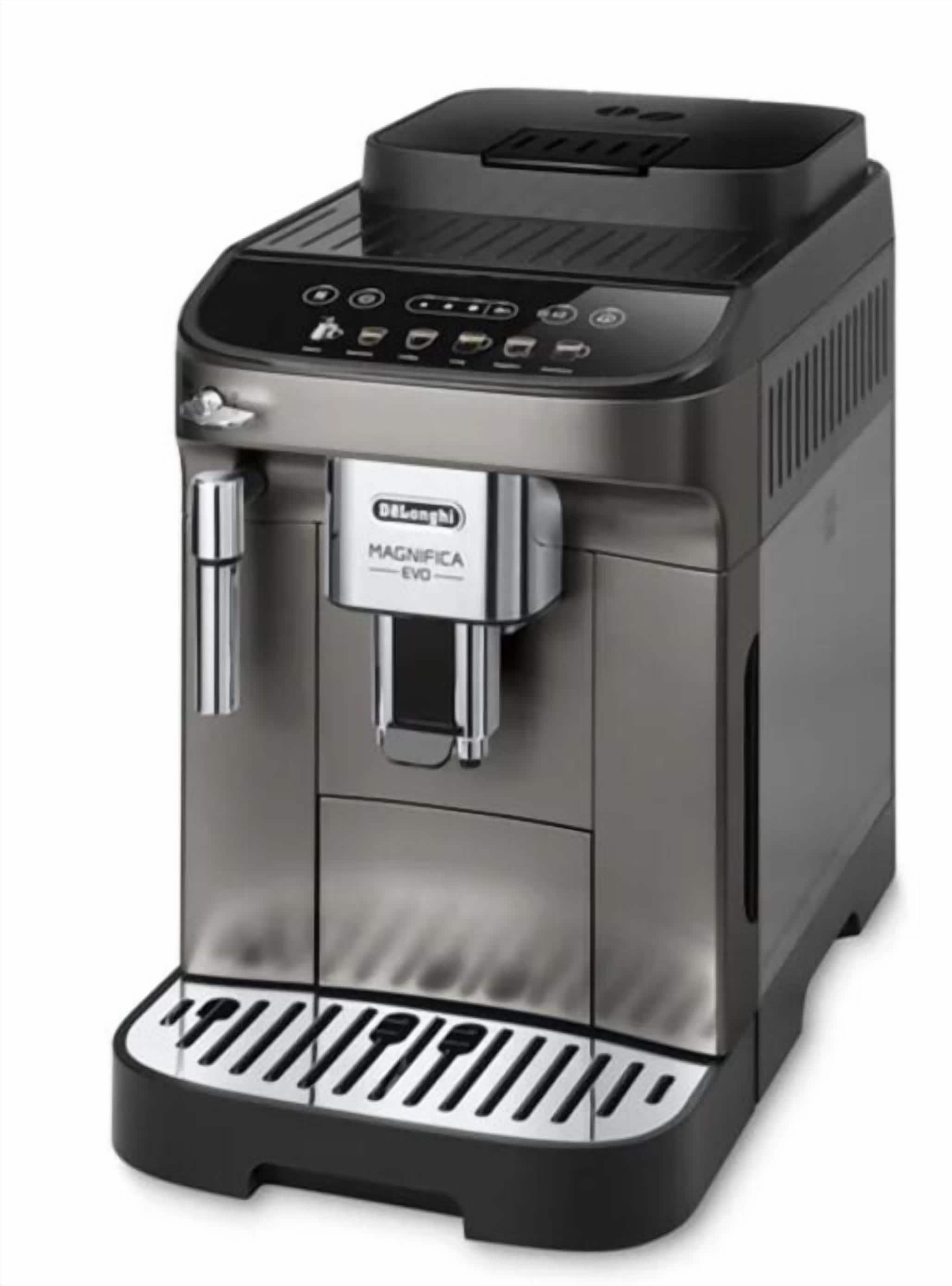 Una máquina de café negra y plateada con dispensador de agua y panel de control.