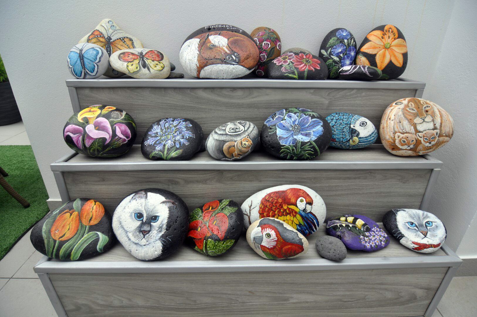 A display of painted rocks arranged on shelves.