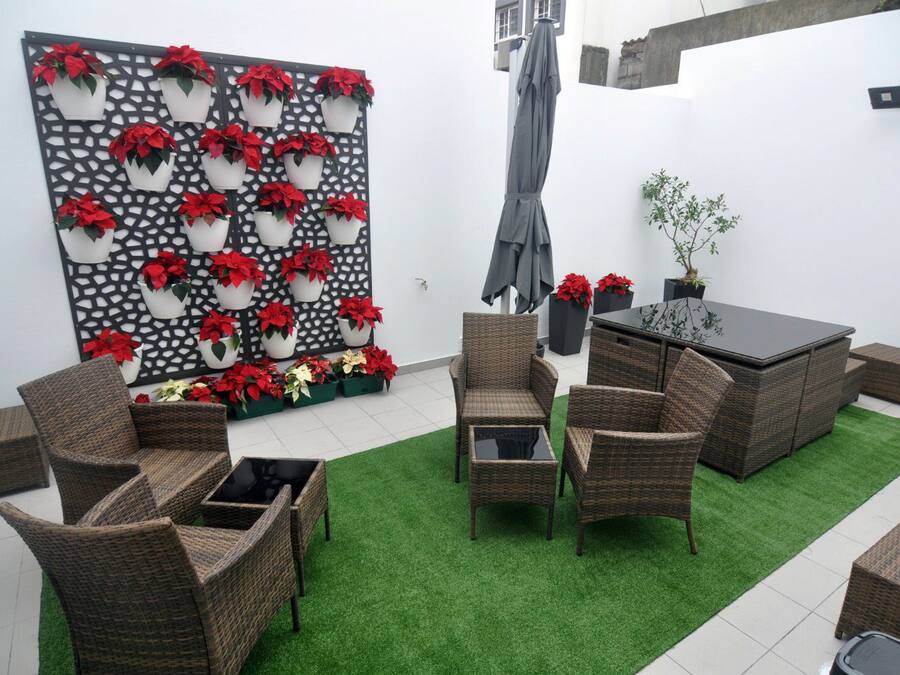 Un patio con mobiliario de mimbre, una mesa y una pared decorativa con plantas en macetas.
