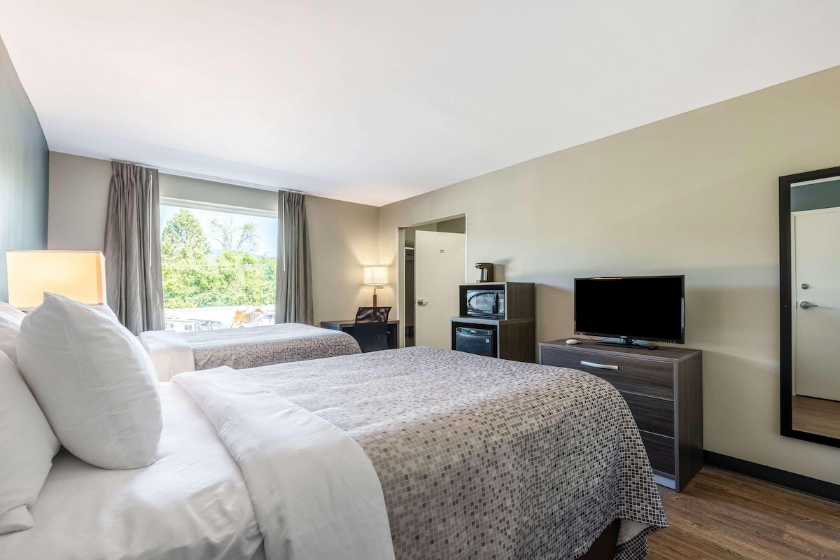 A hotel room with two beds, a television, a desk with a lamp, and a view of greenery outside.
